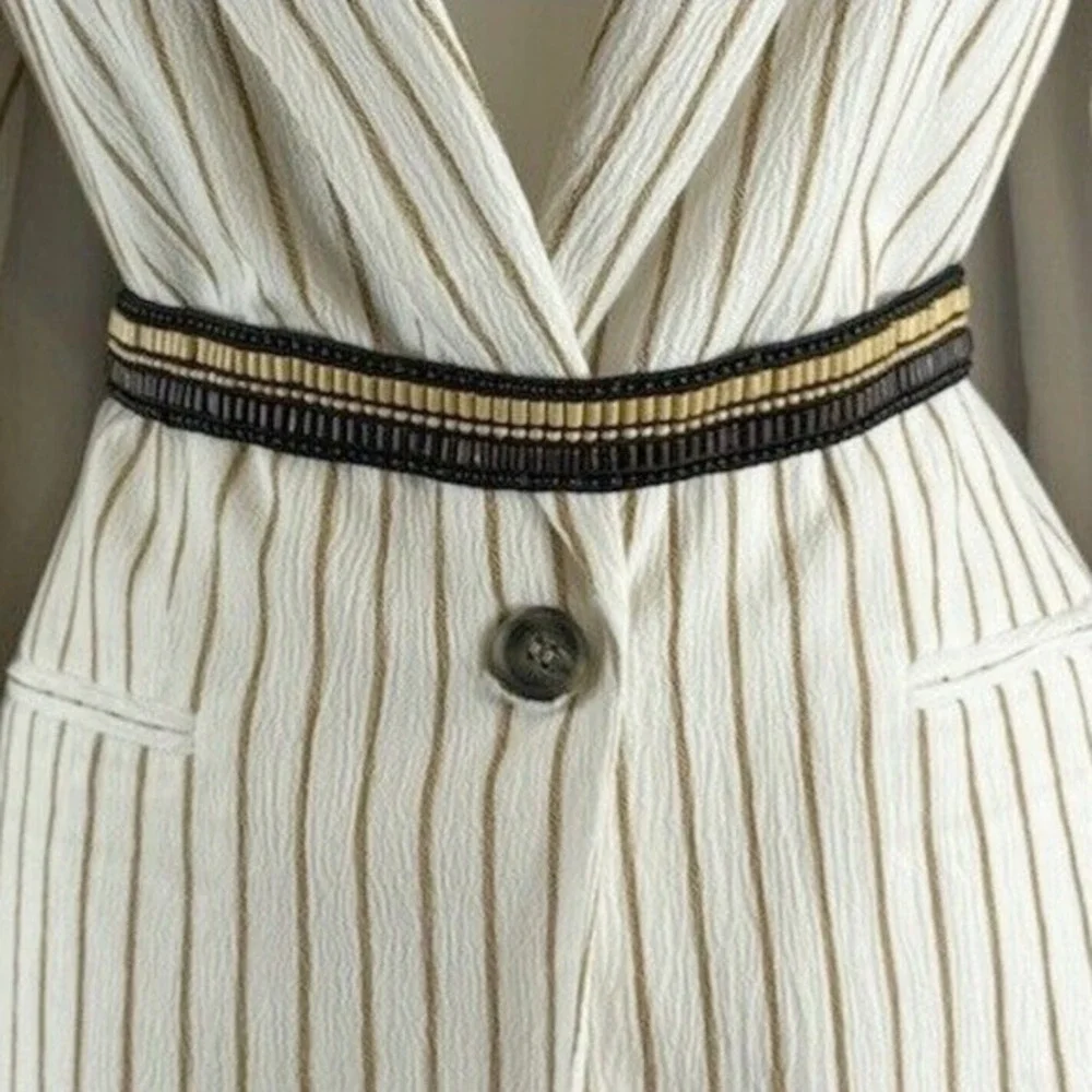 Loft Beaded Elastic Waist Belt Brown Tan Black Wood‎ Bead Stretch Boho 70-25